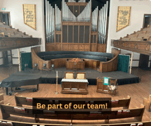 Photo of the sanctuary with the words "Be part of our team!" on it.